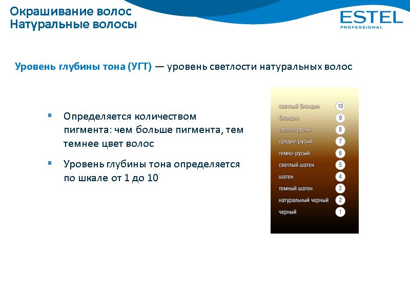 Определяется количеством пигмента: чем больше пигмента, тем темнее цвет волос Уровень глубины тона определяется